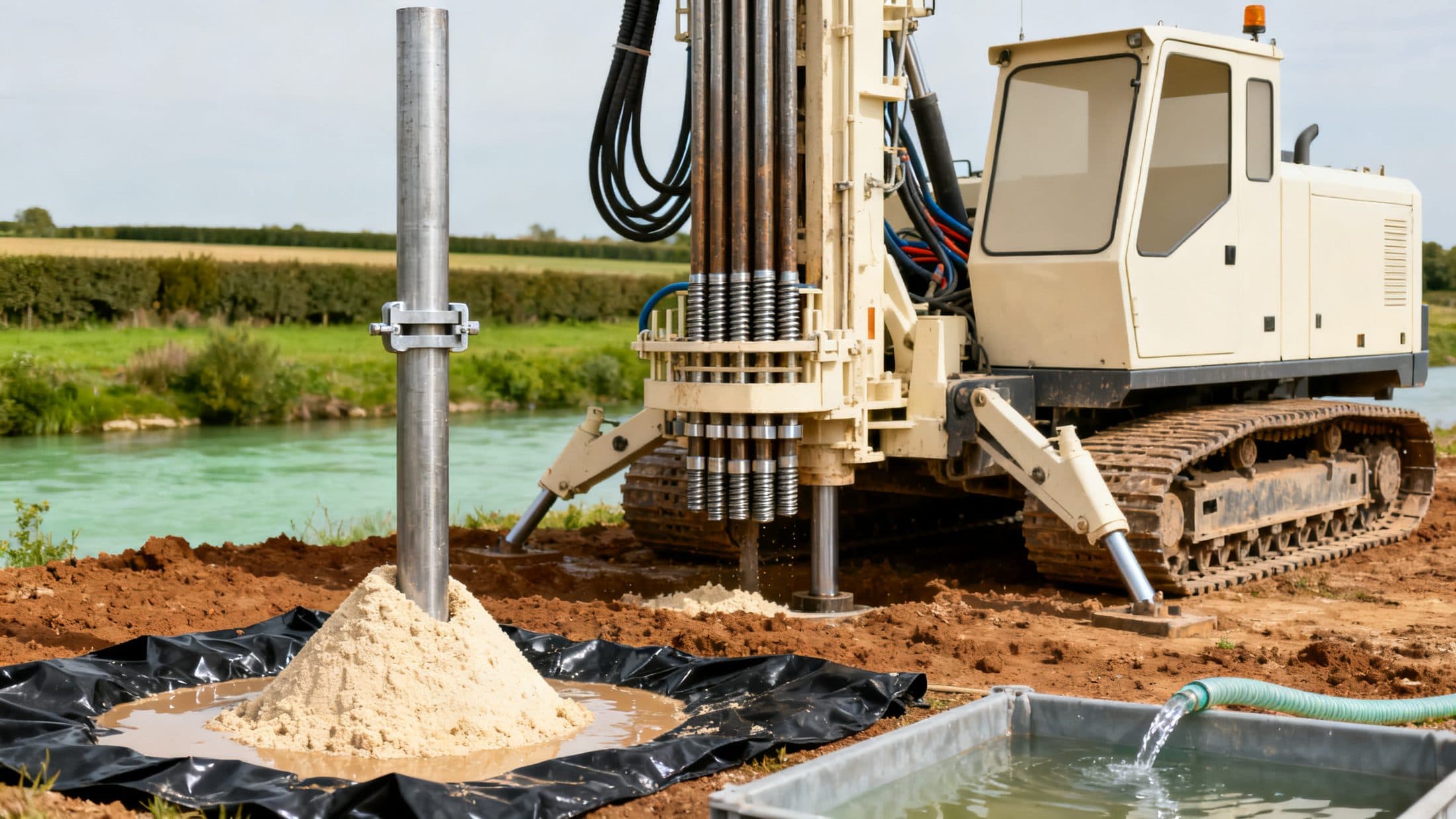 Tête de forage et tubage sur un chantier en cours, avant remise en état du terrain