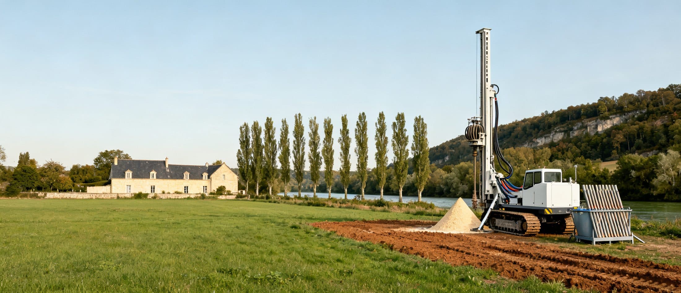 Foreuse et tubage sur un chantier de forage en Val de Loire