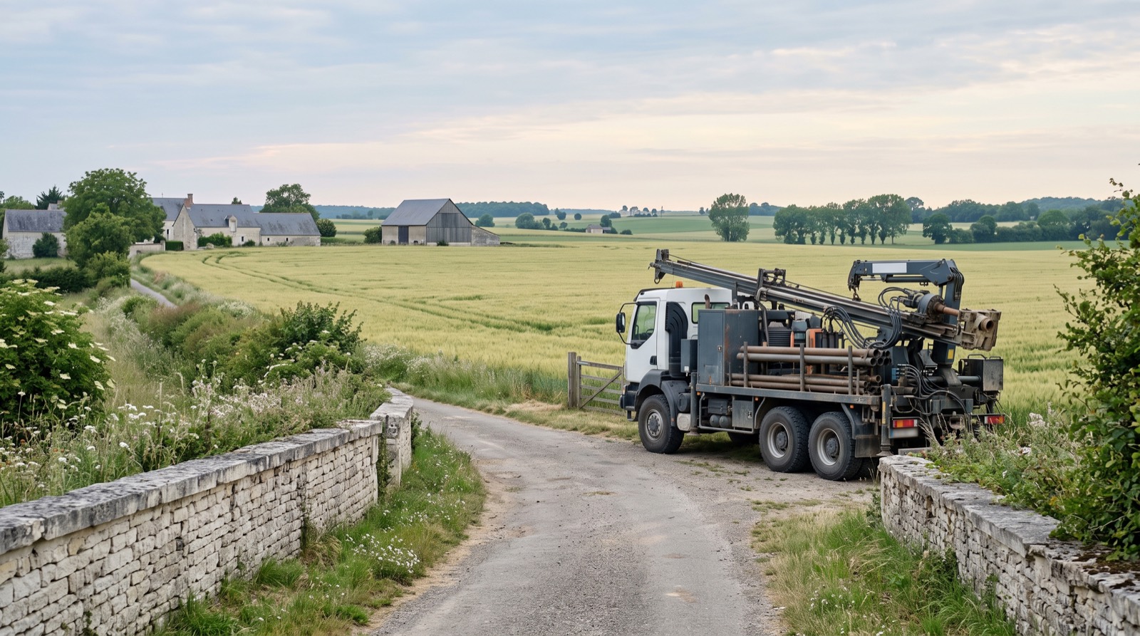Véhicule de forage arrivant sur un chemin bordé de murets en tuffeau en bordure d'un champ de blé du Val de Loire