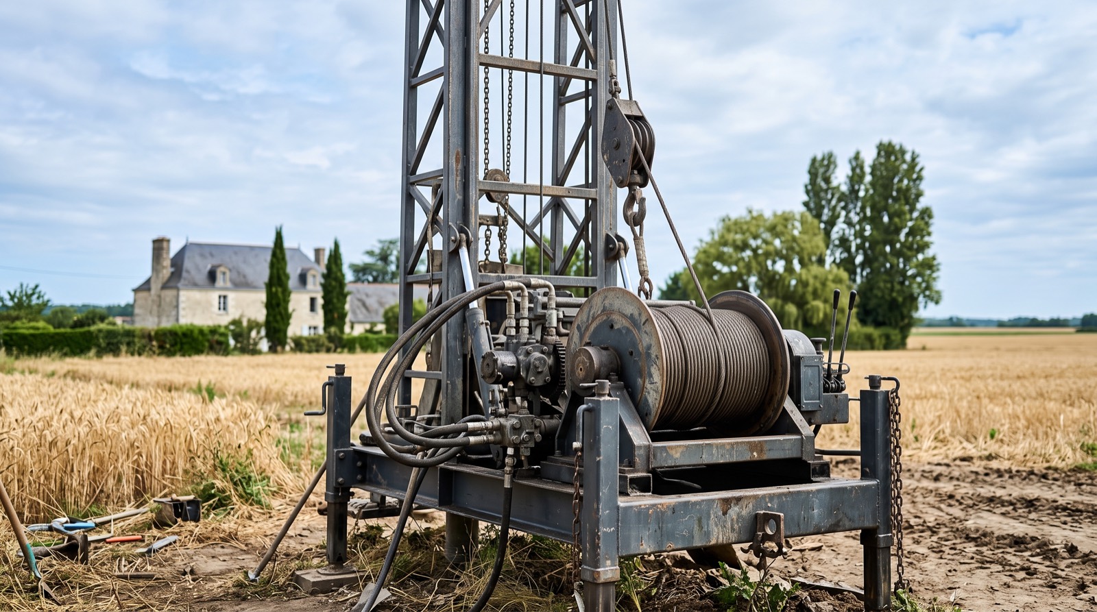 Mât et treuil d'une foreuse en action sur un chantier au milieu d'un champ de blé en Val de Loire