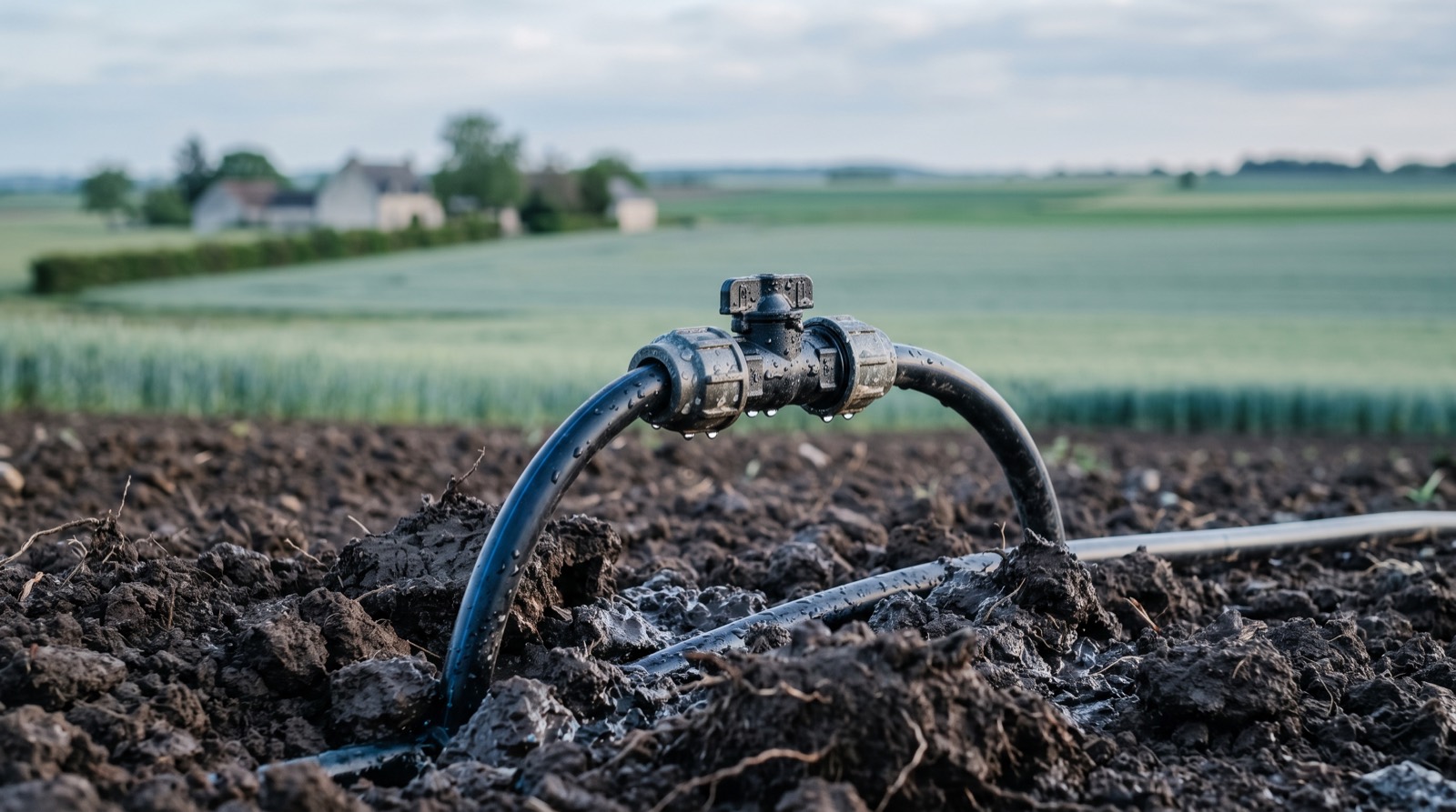 Tuyau d'irrigation émergeant d'un sol fraîchement travaillé dans un champ de blé beauceron