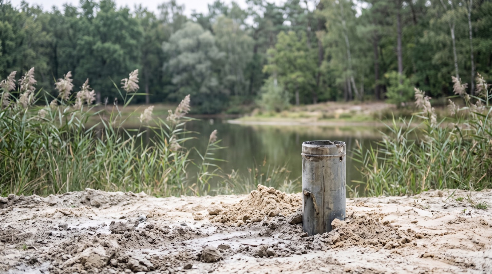 Tubage métallique de forage inséré dans un sol sableux au bord d'un étang de Sologne