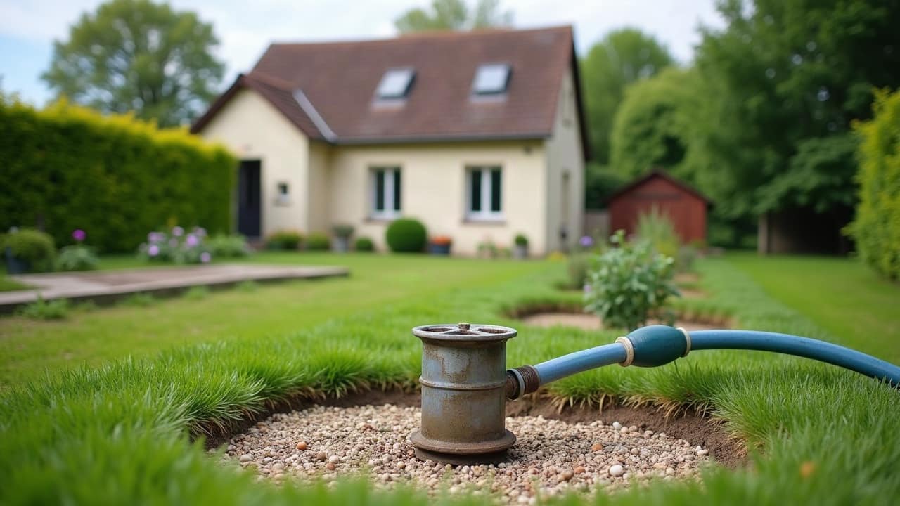 Tête de puits équipée d'un capot de protection, tuyau d'arrosage courant vers un potager en Val de Loire