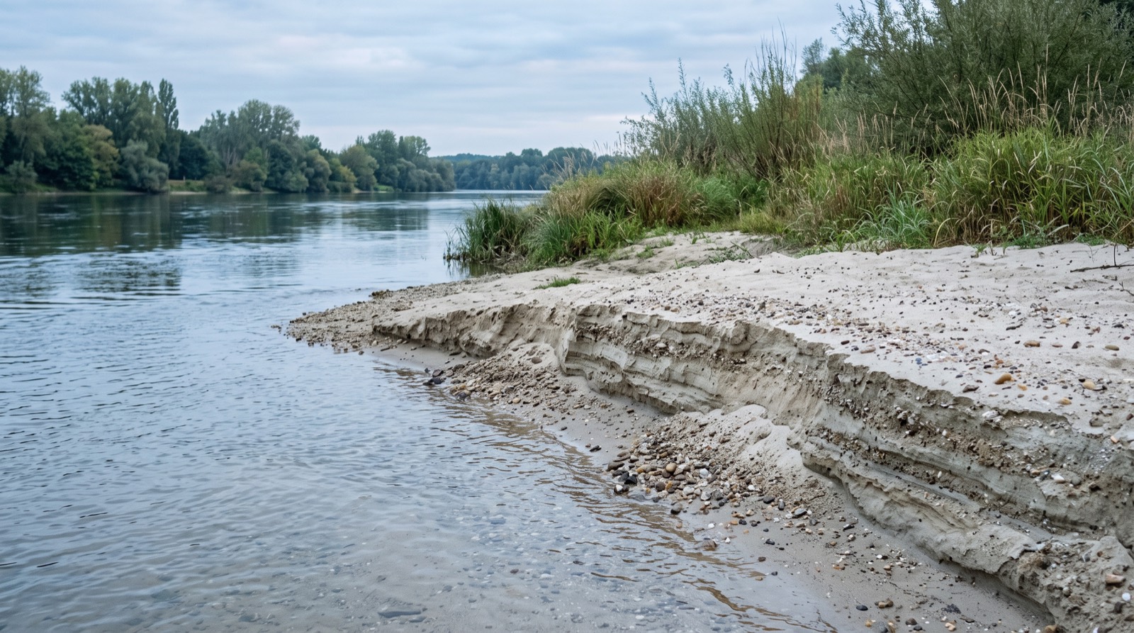 Berge sablonneuse de la Loire avec les couches de sédiments alluviaux mises à nu