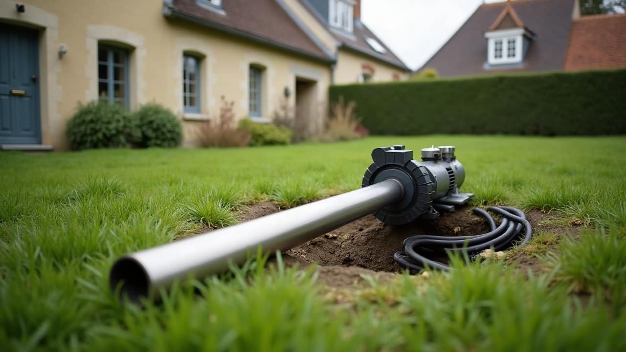 Pompe immergée avant descente dans un forage, tube et câble posés sur l'herbe