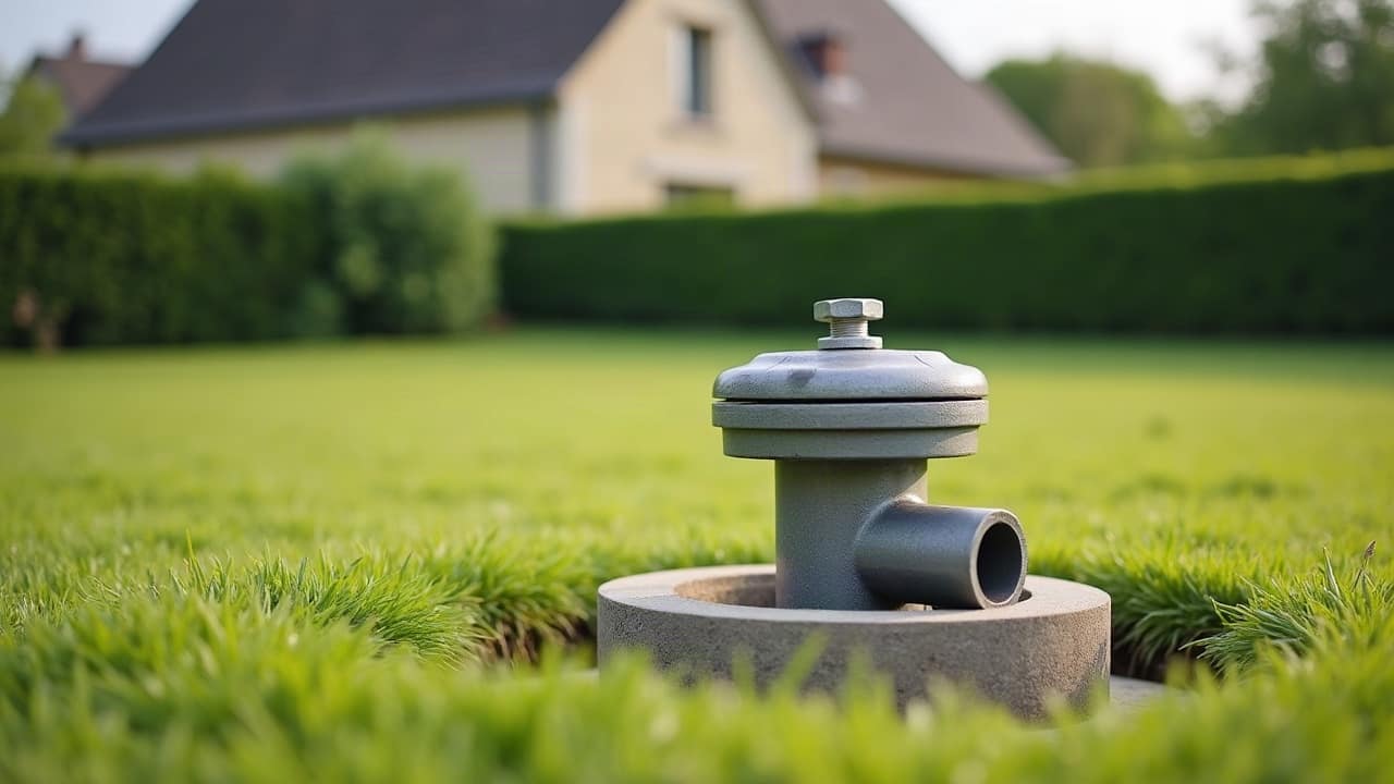 Tête de forage fermée par un capot vissé, câble électrique et tuyau de refoulement sortant sur le côté