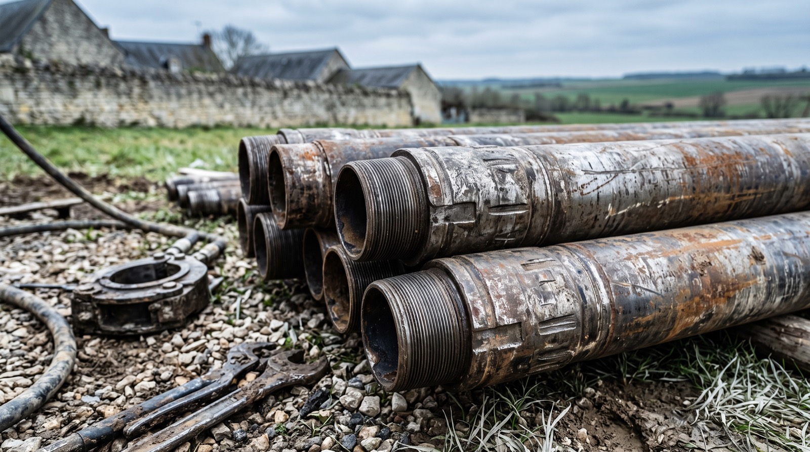Sections de tubage métallique de forage empilées sur un chantier en Val de Loire