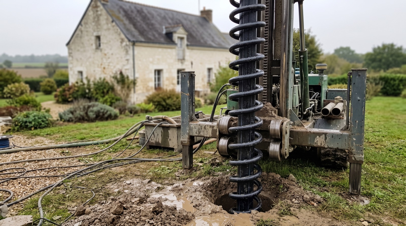 Sonde géothermique verticale descendue dans un forage sur un terrain résidentiel du Val de Loire