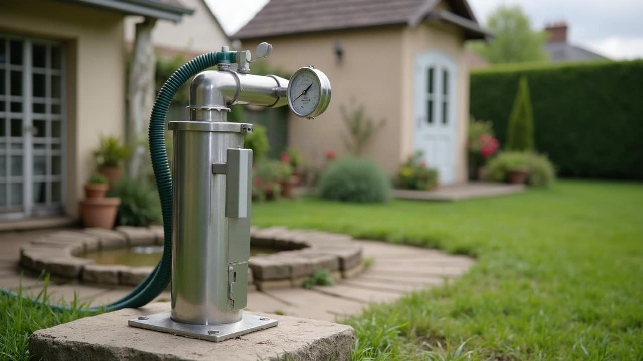 Pompe de jardin de surface posée sur une dalle, manomètre et tuyau d'aspiration vers un puits