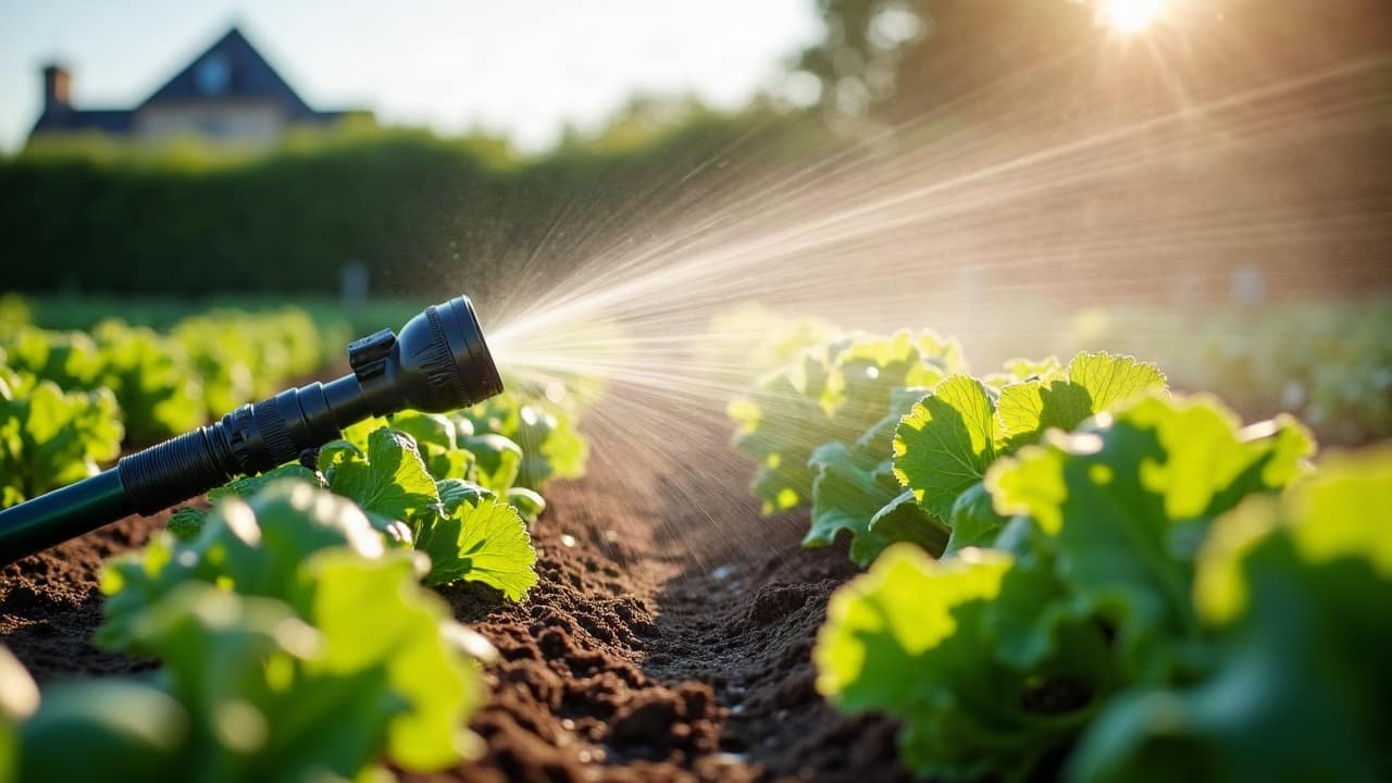 Tuyau d'arrosage et arroseur alimentés par un puits, potager du Val de Loire au premier plan