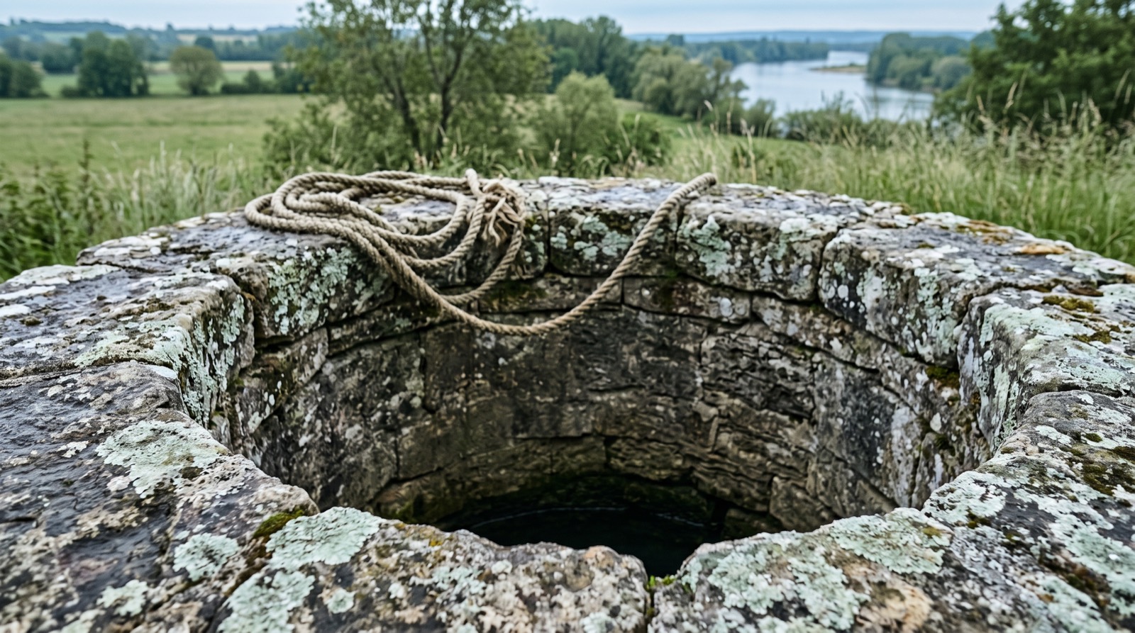 Margelle en pierre ancienne d'un puits familial du Val de Loire, corde enroulée sur le rebord