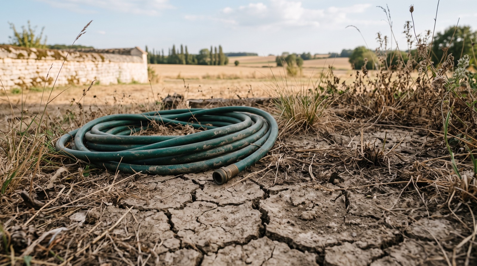Sol sec et fissuré près d'un tuyau d'arrosage enroulé et inutilisé, illustrant une restriction d'usage de l'eau